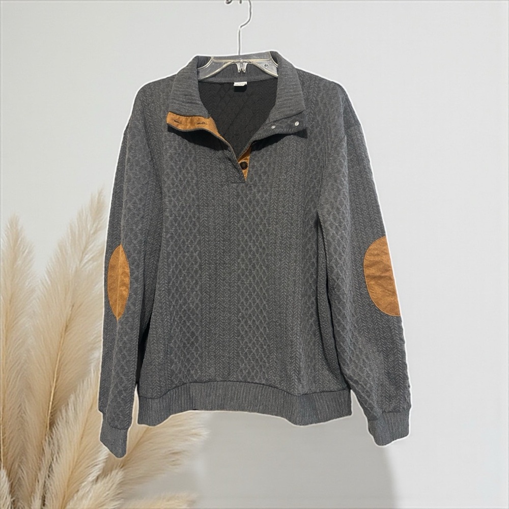 Men’s Grey Cable Knit Long Sleeve Sweater XL with Faux Suede Elbow Pads